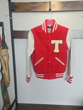 TNA Red Wool and Cream Leather Letterman Bomber Jacket Vtg XS Y2K